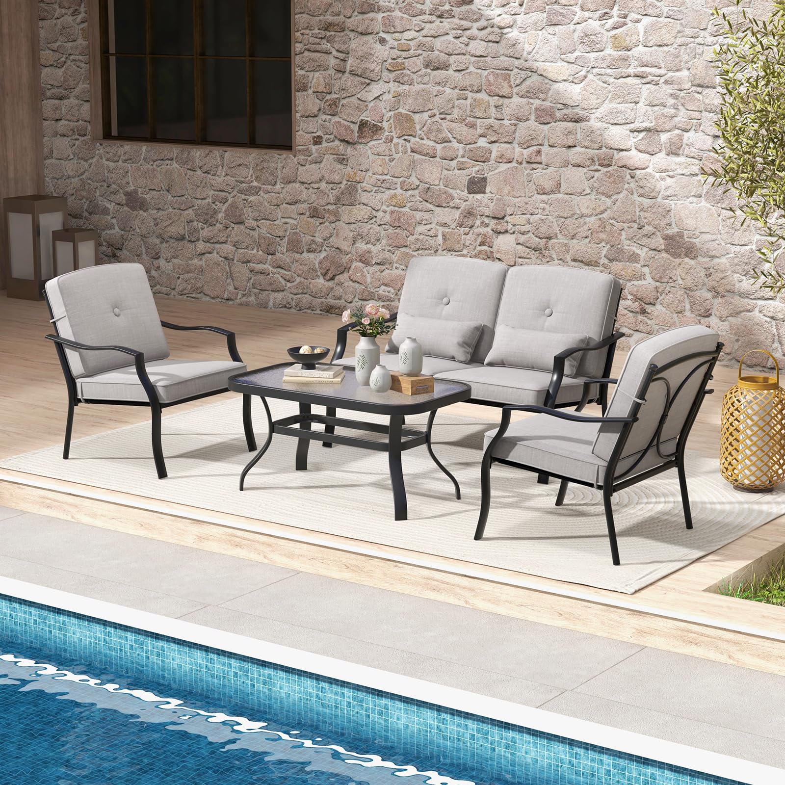 Ensemble de meubles de patio Tangkula 4 pièces, ensemble de conversation extérieur robuste avec coussins rembourrés doux et oreillers lombaires
